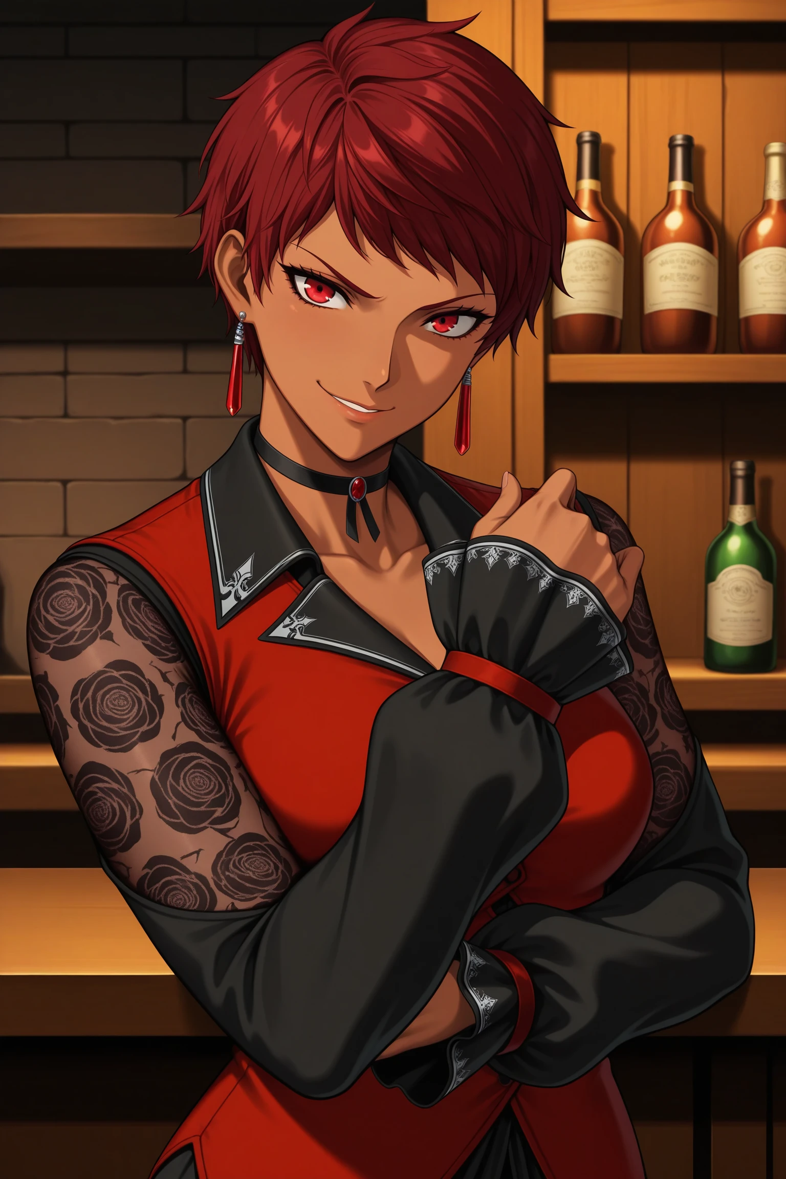 masterpiece, best quality, amazing quality, highres, absurdres, very aesthetic, high resolution, ultra detailed, perfect details, 1girl, looking at viewer, indoors, bar_(place), medium breasts, vice (kof), red hair, short hair, red eyes, dark-skinned female , red earrings, black dress, long dress, long sleeves, choker, red vest, clothing cutout, fishnet sleeves, frilled sleeves, front slit, black pantyhose, pantyhose under shorts, black shorts, short shorts, black footwear, high heel boots, <lora:Vice_KOF_XV_ILXL:0.8>, (aged up:1.5), (upper body:1.5), anime coloring, anime screencap, (pose:1.3), smirk