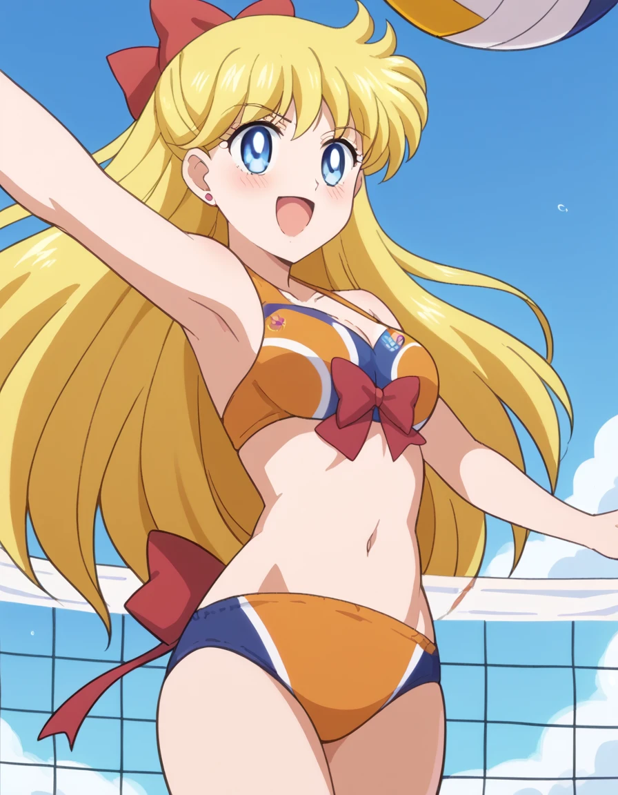 score_9, score_8_up, score_7_up, source_anime, <lora:minako-aino-eternal-movie1-ponyxl-lora-nochekaiser:1>, minako aino, blonde hair, blue eyes, bow, hair bow, half updo, long hair, red bow, tiara, medium breasts, <lora:volleyball-spike-ponyxl-lora-nochekaiser:1> volleyball spike, ball, jumping, volleyball (object), volleyball, volleyball net, arm up, looking up,, open mouth, blush, smile, bikini, swimsuit, navel, beach,, cowboy shot,