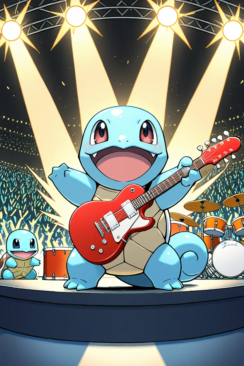 masterpiece, best quality,   <lora:SquirtlePokedexIXL:1.0>,   zzSquirtle, drum set, rocking out, wild stage lights, headbanging, sweatband, electric guitar in the background, energetic pose, cheering crowd, live concert, music festival vibes