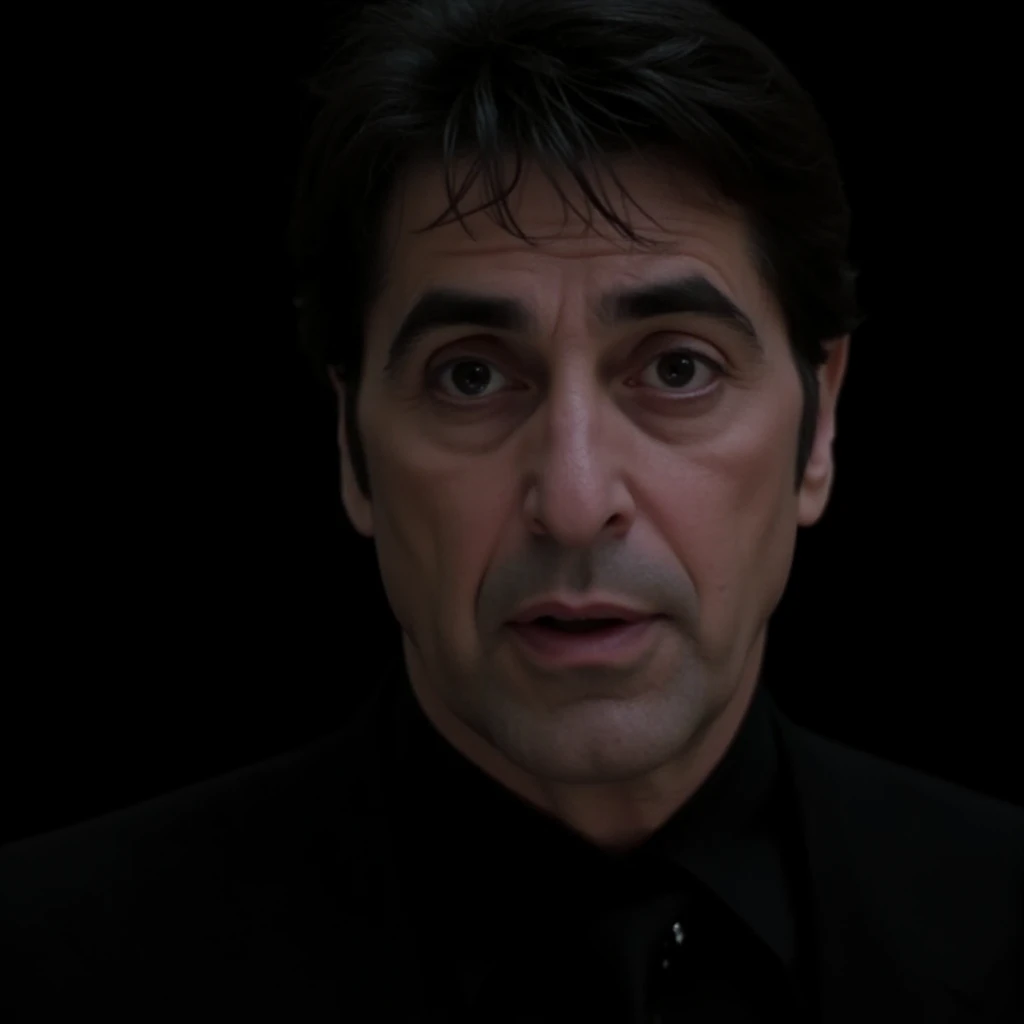 cinematic film still of  <lora:1990's Heat:0.9>
In the 1990's In the 1990's In the 1990's Al Pacino Lt. Vincent Hanna a man with a black shirt and tie looking at the camera, action movie themed, sharp, detailed, epic cinematic photography, artistic, dramatic light, cinematic color style, Kodak 35mm film style, Hollywood action movie film style style, solo, looking at viewer, black hair, 1boy, closed mouth, male focus, black eyes, facial hair, black background, portrait, realistic, scar, close-up, speech bubble, blank speech bubble, photorealistic, closeup, serious look, shallow depth of field, vignette, highly detailed, high budget, bokeh, cinemascope, moody, epic, gorgeous, film grain, grainy