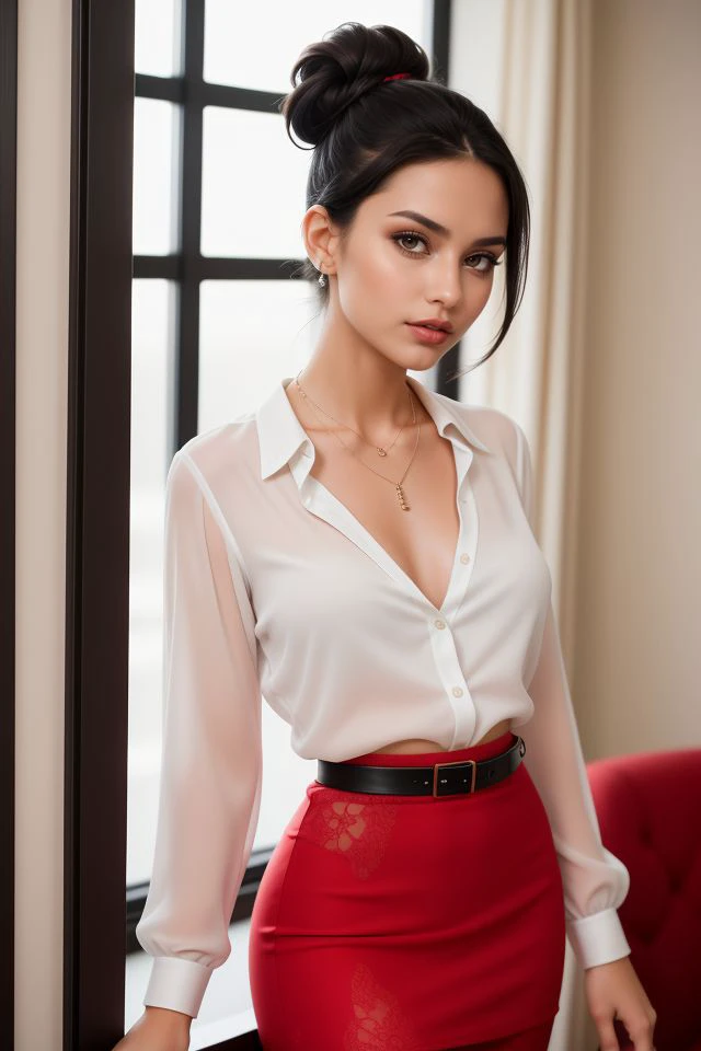 A young, 22-year-old Brazilian woman with straight black hair tied in an elegant low bun, wearing a red lace necklace. She wears a white silk blouse with a black pencil skirt and a red belt, combining elegance with a touch of edginess. Her soft makeup enhances the formal atmosphere.<lora:GoodHands-vanilla:1>