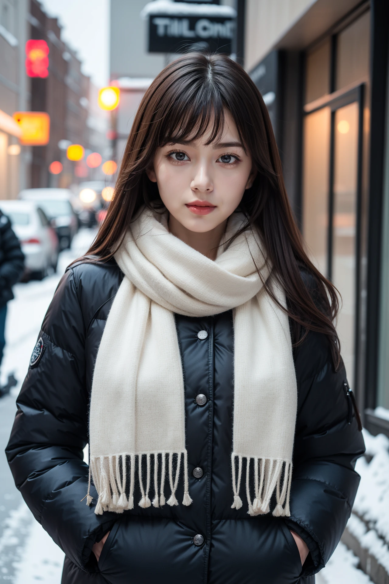 masterpiece, best quality, photorealistic, ultra high resolution, ultra detailed, 8k HDR, absurdres, realistic skin, detailed skin, realistic lighting, 1girl, solo, bangs, winter down parka, scarf, snowy street,