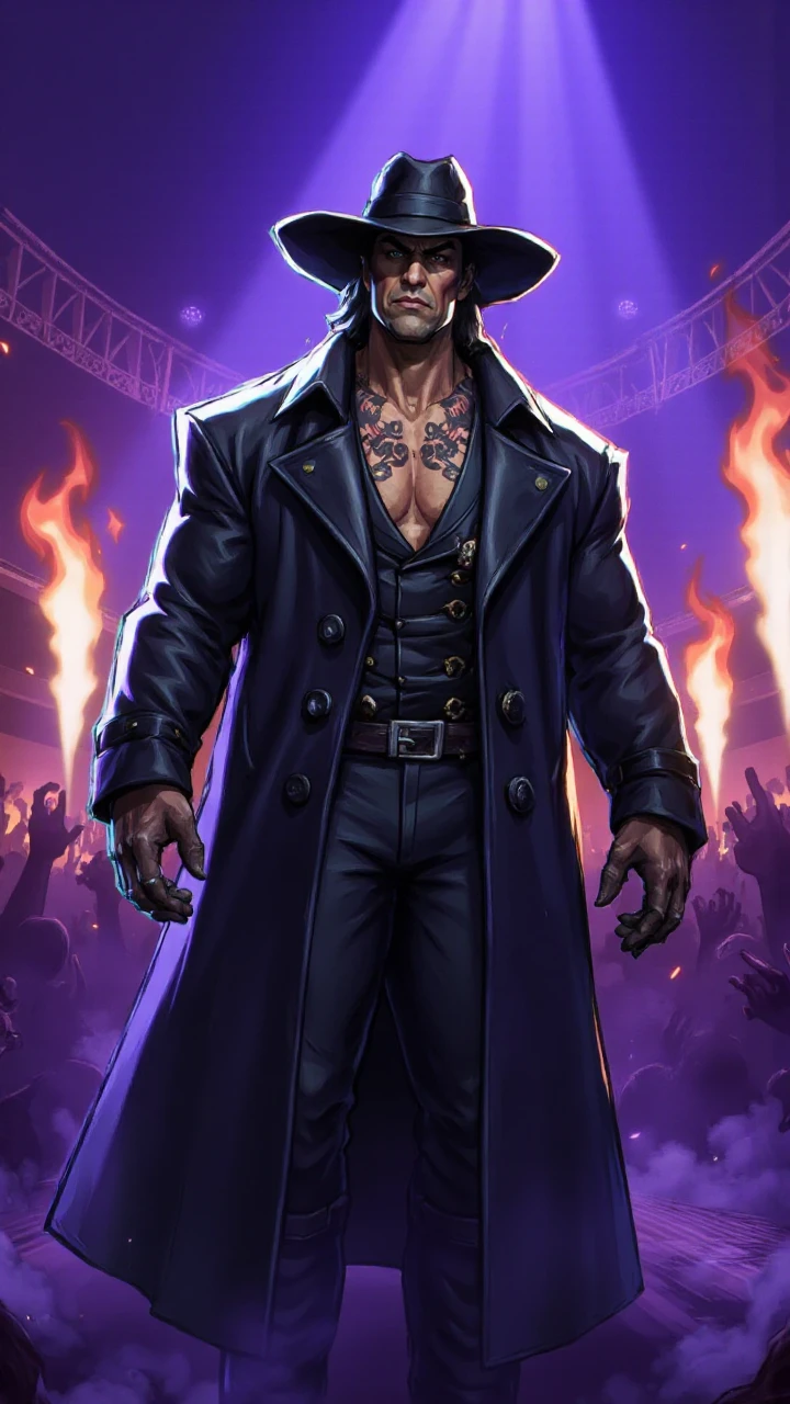 rivals, Picture The Undertaker as a towering, menacing figure in the center of a dimly lit wrestling arena, shrouded in an eerie, otherworldly mist. His long black trench coat hangs heavily over his broad shoulders, its leather surface reflecting the faint flicker of flames lining the entrance ramp. His wide-brimmed hat casts a shadow over his face, revealing only his piercing, ice-cold eyes glowing faintly in the dim light. His expression is stoic yet haunting, his chiselled features framed by strands of jet-black hair slicked back from his pale, imposing face. His gloved hands are clenched tightly at his sides, and his tattooed arms peek out from the rolled sleeves of his coat, adding an edge of raw intimidation.
Behind him, the atmosphere is thick with dreadâthe arena bathed in a deep purple glow, with bursts of fire erupting at calculated intervals as his iconic theme music echoes through the air. The wrestling ring, veiled in a thin layer of fog, waits ominously under the spotlight. The crowd, momentarily hushed in awe, erupts into a cacophony of cheers and chants, adding to the electric tension of the moment. The Undertaker strides forward with deliberate, measured steps, exuding an aura of deathly calm and unshakable dominance, embodying the very essence of fear and legend in the wrestling world.<lora:Rivals_FLUX:1>