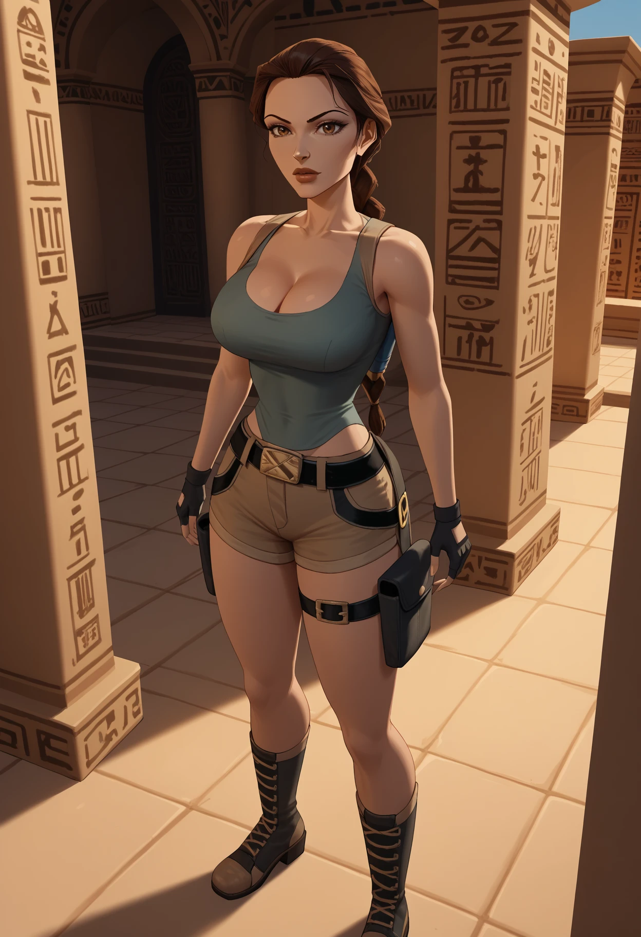 score_9, score_8_up, score_7_up, score_6_up, score_5_up, censored, <lora:NM_lara_oldschool:1>, BREAK NM_lara_oldschool, 1girl, solo, brown eyes, brown hair, long hair, braid, breasts, large breasts, cleavage, tank top, shorts, gloves, fingerless gloves,  belt, holster, shoulder holster, boots, looking at viewer, egypt background, egypt pyramide,