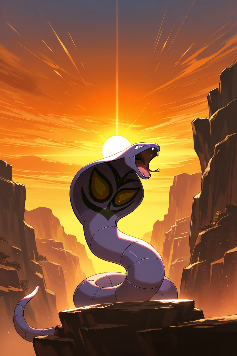 masterpiece, best quality,   Arbok, no humans, pokemon (creature), snake,  <lora:ArbokPokedexIXL:1.0>,   standing majestically on a rocky cliff, glowing orange fur, roaring, sunset background, dynamic and powerful, cinematic lighting, highly detailed