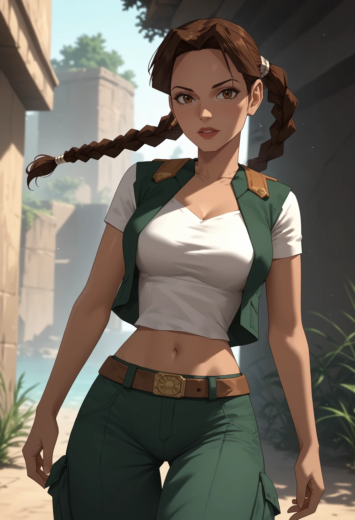 score_9, score_8_up, score_7_up, score_6_up, score_5_up, censored, <lora:NM_lara_student:1>, BREAK NM_lara_student, 1girl, solo, crop top, midriff, braid, brown eyes, brown hair, belt, dark-skinned female, navel, vest, dark skin