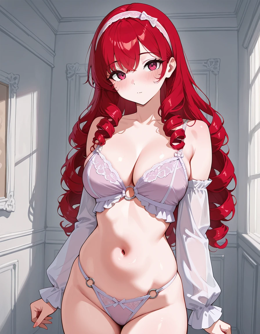 masterpiece, best quality, hud_prplset, 1girl, solo, long curly red hair, underwear, panties, lingerie, bra, detached sleeves, navel, breasts, o-ring, hairband, indoors, cowboy shot, <lora:hud_prplset_Illust:0.6>