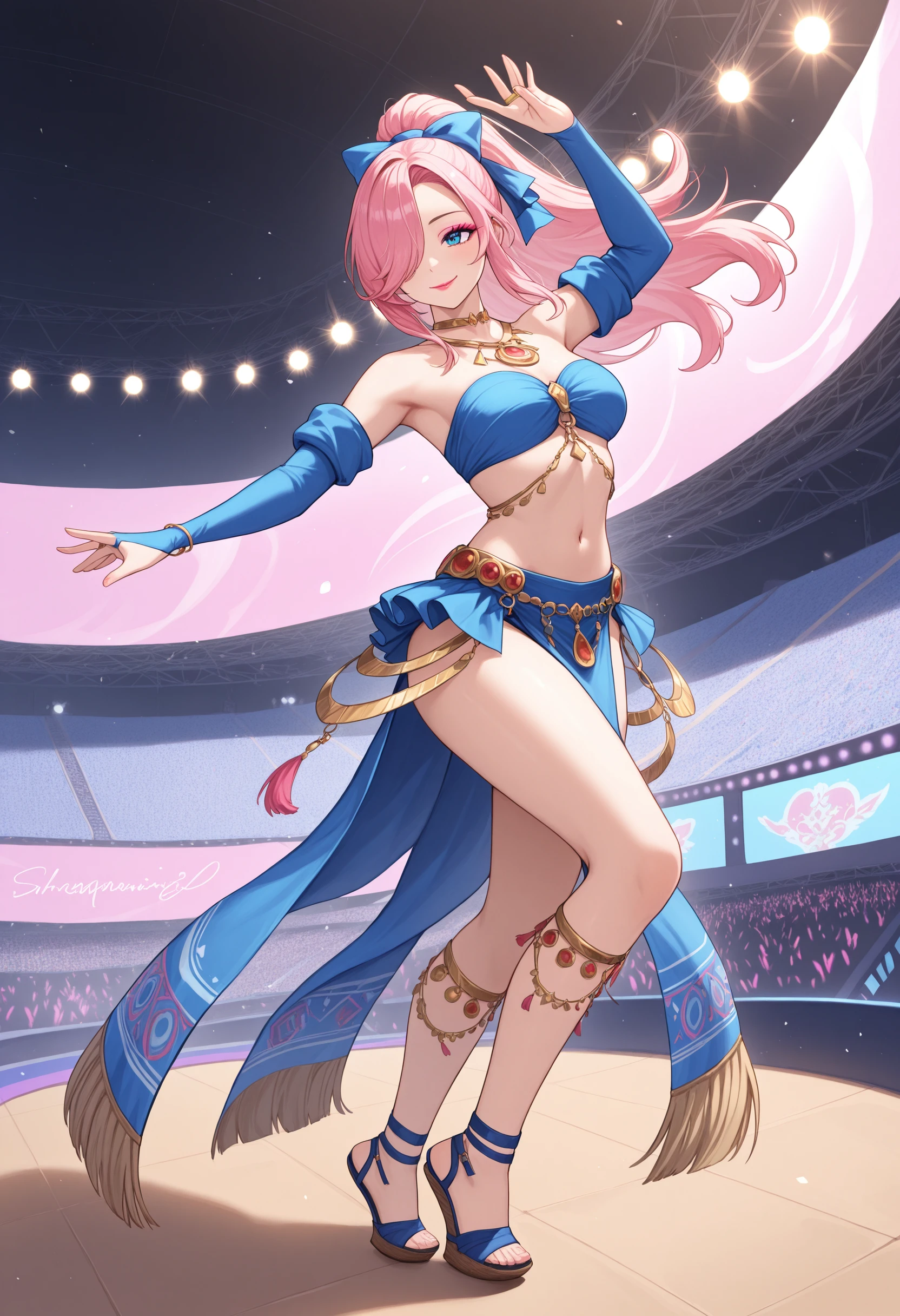 masterpiece, best quality,1girl, solo, full body, on stage, concert, stage lights, stadium, dancing, arms out, arms spread, smile, pink hair, blue eyes, floating hair, floating clothes,  sidelocks, hair over one eye,  long hair, ponytail, lipstick, pastel eyeshadow,dncaf, bandeau, bridal gauntlets, pelvic curtain, Blue bow, hair bow, jewelry,  leg jewelry, bare shoulders, navel, midriff, sandals, wedge heels,  (Blue clothing:1.5), <lora:Dancers_AttireIL:1>