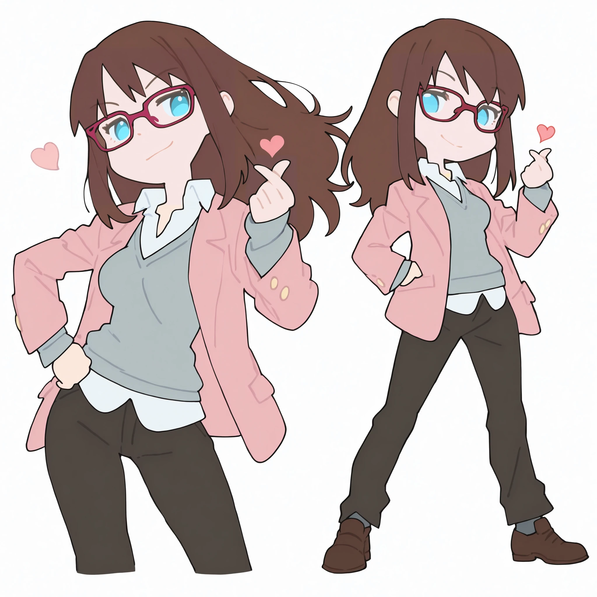 masterpiece, best quality, 2d, flat color, chibi, mari-end <lora:Degen_Mari_End_Illustrious_v1:.9> brown hair, glasses, bad, red-framed eyewear, pink jacket, grey sweater, breasts, collared shirt, untucked shirt, pants, gold jewelry, brown footwear, solo, finger heart, white background, blue eyes,