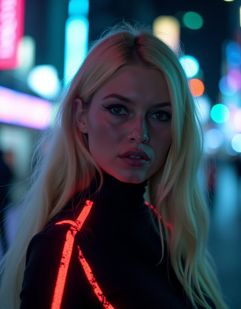 <lora:Brigitte_Bardot:1> brigitte bardot, woman, long blond hair. she wears a alien technology cyberpunk turtleneck with neon light  in front of a cyberpunk city at night. Closeup face portrait