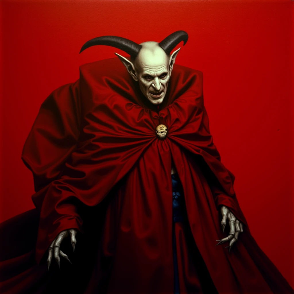 cinematic film still of <lora:1900 Twentieth Century Dracula 1992 style v1:0.9>
1900 Twentieth Century In 1897 London White skin Vlad undead vamp a painting of a demonic man in a red robe, different, solo, looking at viewer, 1boy, standing, male focus, pointy ears, robe, bat (animal), vampire, red theme, horror (theme), horror, scary, thriller, 1980's style, themed, sharp, detailed, epic cinematic photography, artistic, dramatic light, cinematic color style, Kodak film style, Bram Stoker Dracula style, horns, skull, skeleton, red background, sharp fingernails, fingernails, claws, demon, shallow depth of field, vignette, highly detailed, high budget, bokeh, cinemascope, moody, epic, gorgeous, film grain, grainy