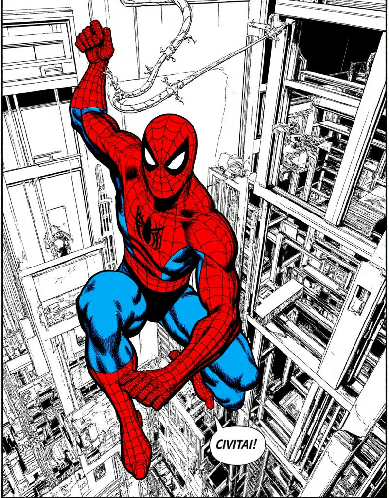 <lora:John_Byrne_Style:0.9> john byrne style, spiderman is jumping from a building hanging to a white rope. He is saying "CIVITAI!"