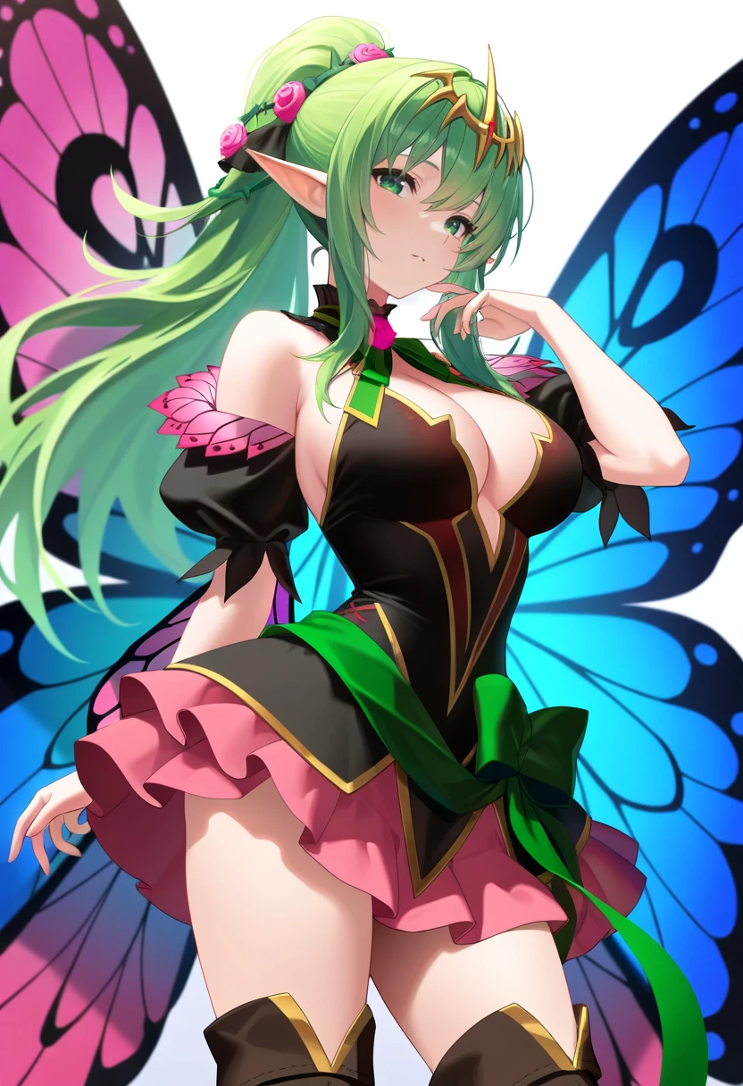 masterpiece, best quality,   <lora:Tiki-initium-ilxl-t1:1>, black dress, black thigh boots, cleavage, green hair, hair ornament, halter dress, large breasts, butterfly wings, long hair, pointy ears, ponytail, tiara, green eyes, off shoulder, gold trim, green ribbon, roses, layered dress, short dress, pink under skirt