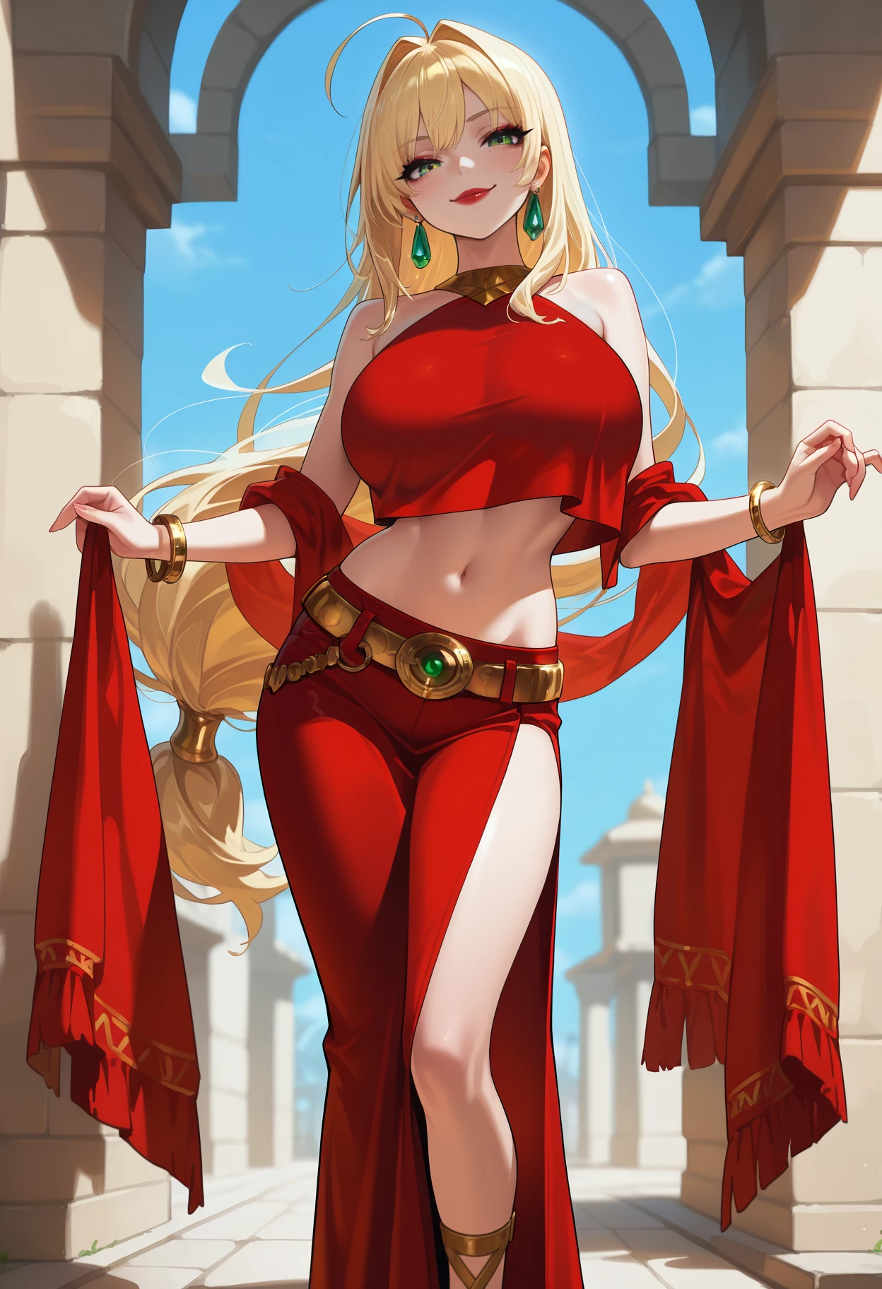 masterpiece, best quality,  1girl, seductive smile, <lora:Nero-IL-take4 unet:1>, ahoge, blonde hair, green eyes, hair intakes, long hair,  standing,  red lips, (big breasts:1.5), low-tied long hair,   slim waist, smug, , bare shoulders, bracelet, crop top, earrings, high heeled sandals, long skirt, side slit, midriff, navel, shawl, side slit, sleeveless croptop, crop top overhang,  gold belt, <lora:fftdnc-initium-ilxl:1>