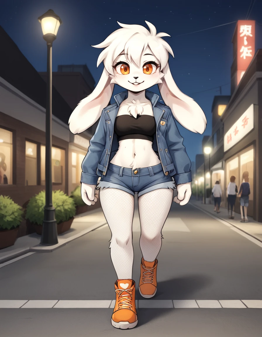 outdoors,city,sidewalk,lamppost,night, night sky, 
full body,smile,long eyelashes,parted lips,
denim shorts,fishnet pantyhose, tube top, denim jacket, 
<lora:Mimiga_v01_PDXL:1>,Mimiga,1girl,solo,furry female,rabbit girl,rabbit tail,rabbit ears,white fur,body fur,white hair,short hair,orange eyes,animal nose,