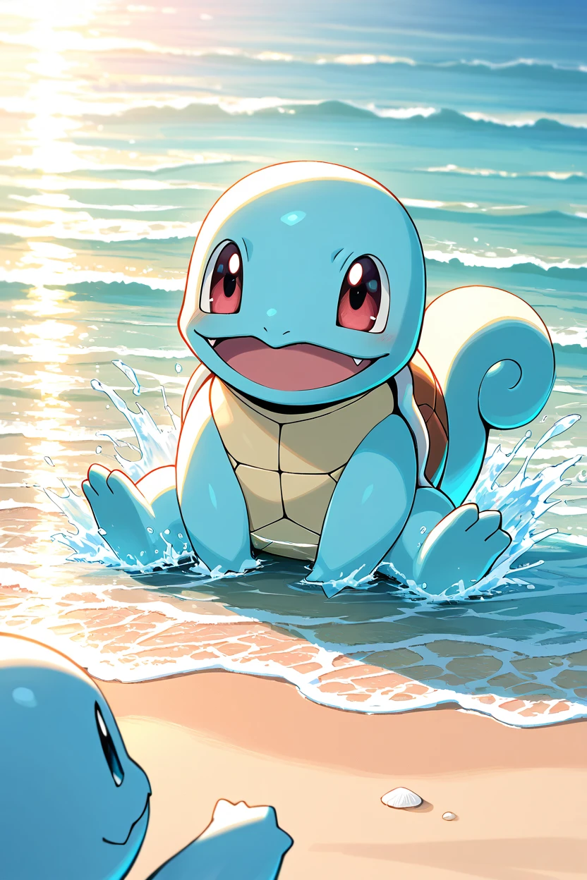 masterpiece, best quality,   <lora:SquirtlePokedexIXL:1.0>,  zzSquirtle,   sitting on a beach, water splashing around, playful expression, sunlight reflecting off the water, vibrant and cheerful atmosphere, soft lighting