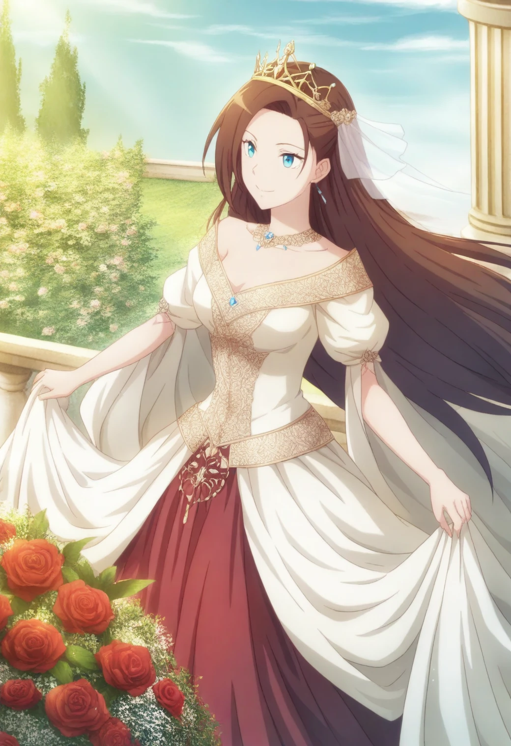 <lora:Catarina Claes - [My Next Life as a Villainess] - illustriousXL v1:1>, sysdeep_catarina, long hair, light blue eyes, brown hair, royal garden, queen walking among roses, flowing gown, golden crown, calm dignity