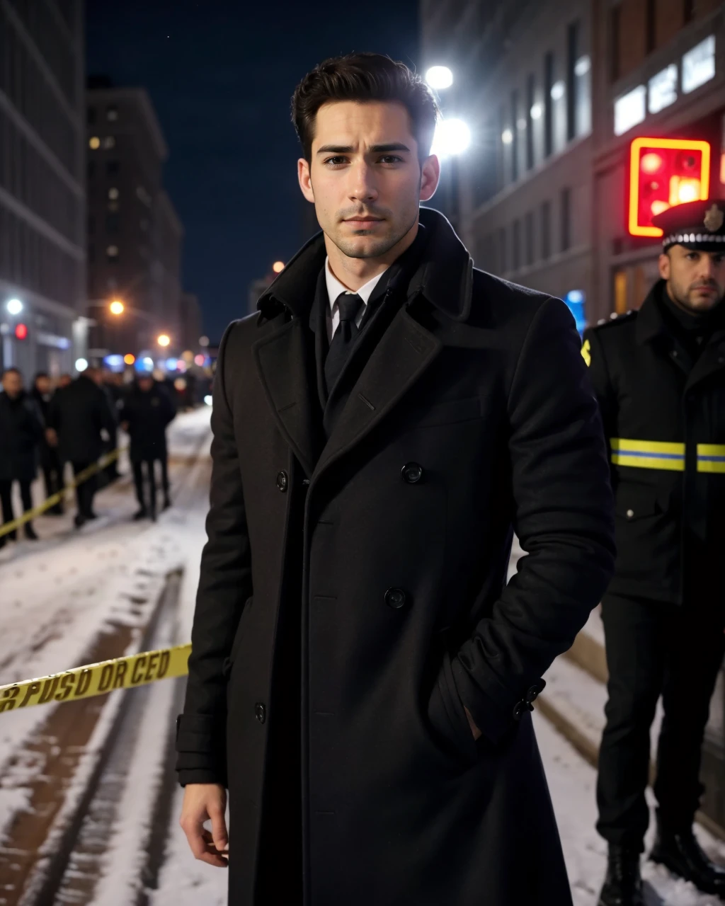 man, 27 years old, davidf00n, face stubble, long coat, standing at crime scene, night in the city, police tape, serious expression