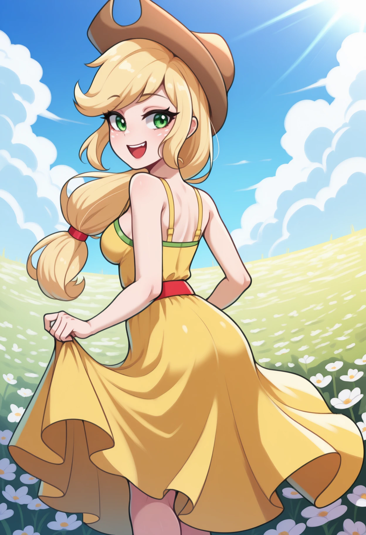 masterpiece, best quality, <break> from behind, solo, 1girl, appl3jack, freckles, :d, teeth, looking back, skirt hold, low-tied long hair, blonde hair, ponytail, cowboy hat, green eyes, yellow sundress, bare shoulders, outdoors, blue sky, cloud, flower field, sunlight
<segment:yolo-Anzhc Face seg 640 v2 y8n.pt,0.4,0.5//cid=1>