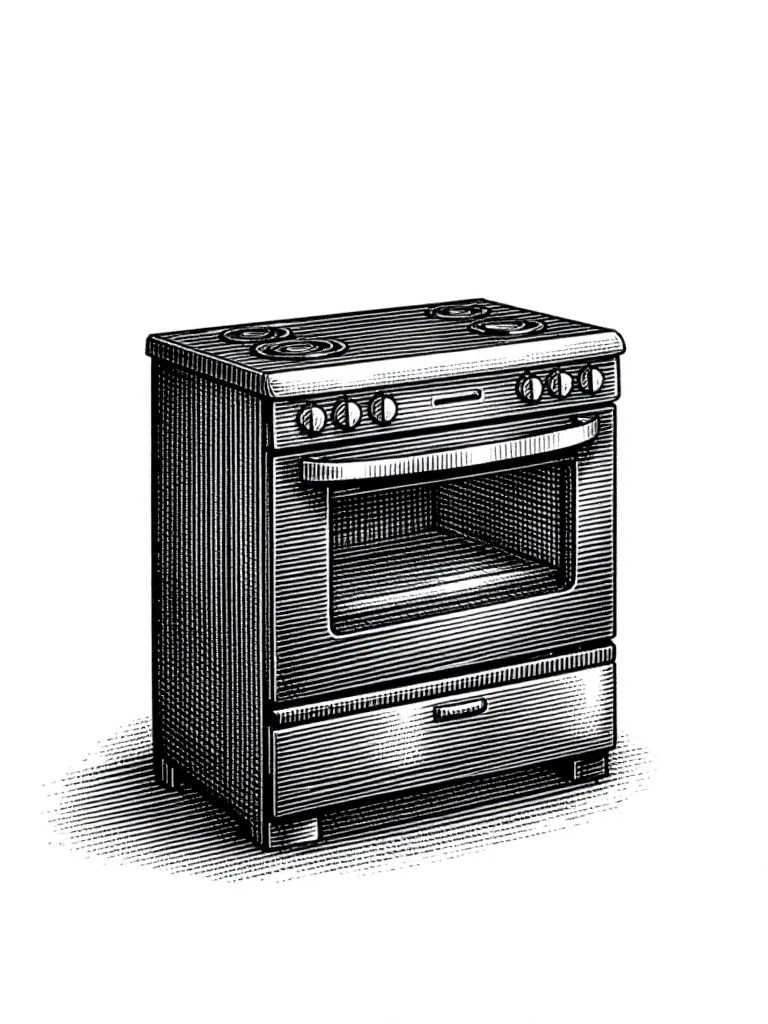 a highly detailed scratchboard drawing of a kitchen stove, casting a shadow on the ground.