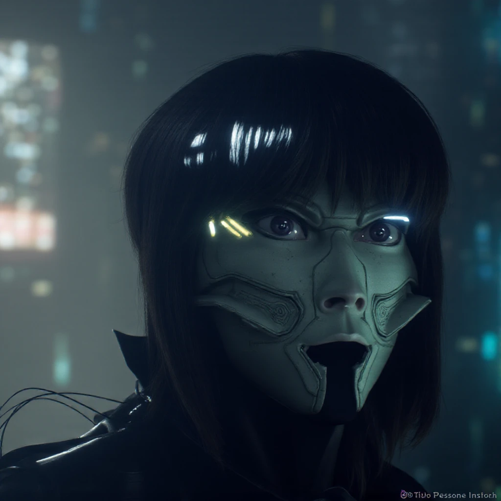 cinematic film still of  <lora:Ghost in the Shell style v1:0.9>
In Japanese manga cyberpunk city a close up of a person wearing a helmet, 1girl, solo, looking at viewer, artist name, blurry, mask, blurry background, glowing, helmet, robot, portrait, glowing eyes, close-up, science fiction, realistic, cable, detailed, different, real, unique, cinematic, dramatic, concept art, filmic, perfect, high quality, Ghost in the Shell style, Masamune Shirow style, no humans, mecha, straight-on, lens flare, barcode, shallow depth of field, vignette, highly detailed, high budget, bokeh, cinemascope, moody, epic, gorgeous, film grain, grainy