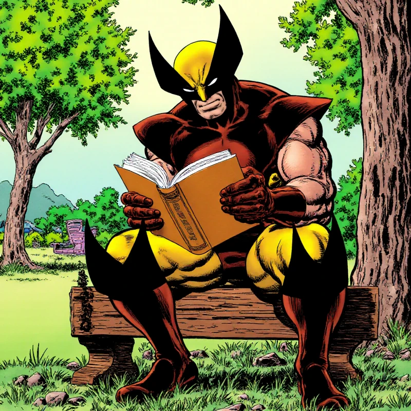 <lora:John_Byrne_Style:0.9> john byrne style, wolverine is reading a book sitting on a benche in a park.