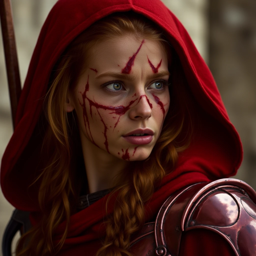 cinematic film still of  <lora:Little Red Riding Hood v1:0.8>
Little Red Riding Hood a woman with red hair and red armor on with face full of scars, solo, long hair, looking at viewer, blue eyes, blonde hair, upper body, braid, armor, single braid, scar, shoulder armor, scar on face, pauldrons, scar across eye
, shallow depth of field, vignette, highly detailed, high budget, bokeh, cinemascope, moody, epic, gorgeous, film grain, grainy