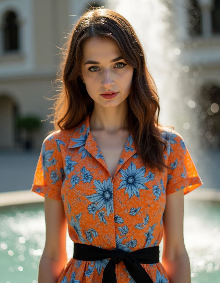 The image is a portrait of a young woman, fair skin. She is wearing a colorful dress with orange and blue flowers on it. The dress has a black belt around her waist and is cinched at the waist with a black ribbon. She is standing in front of a fountain with a building in the background. She has a serious expression on her face. The lighting is soft and warm, creating a dreamy atmosphere.