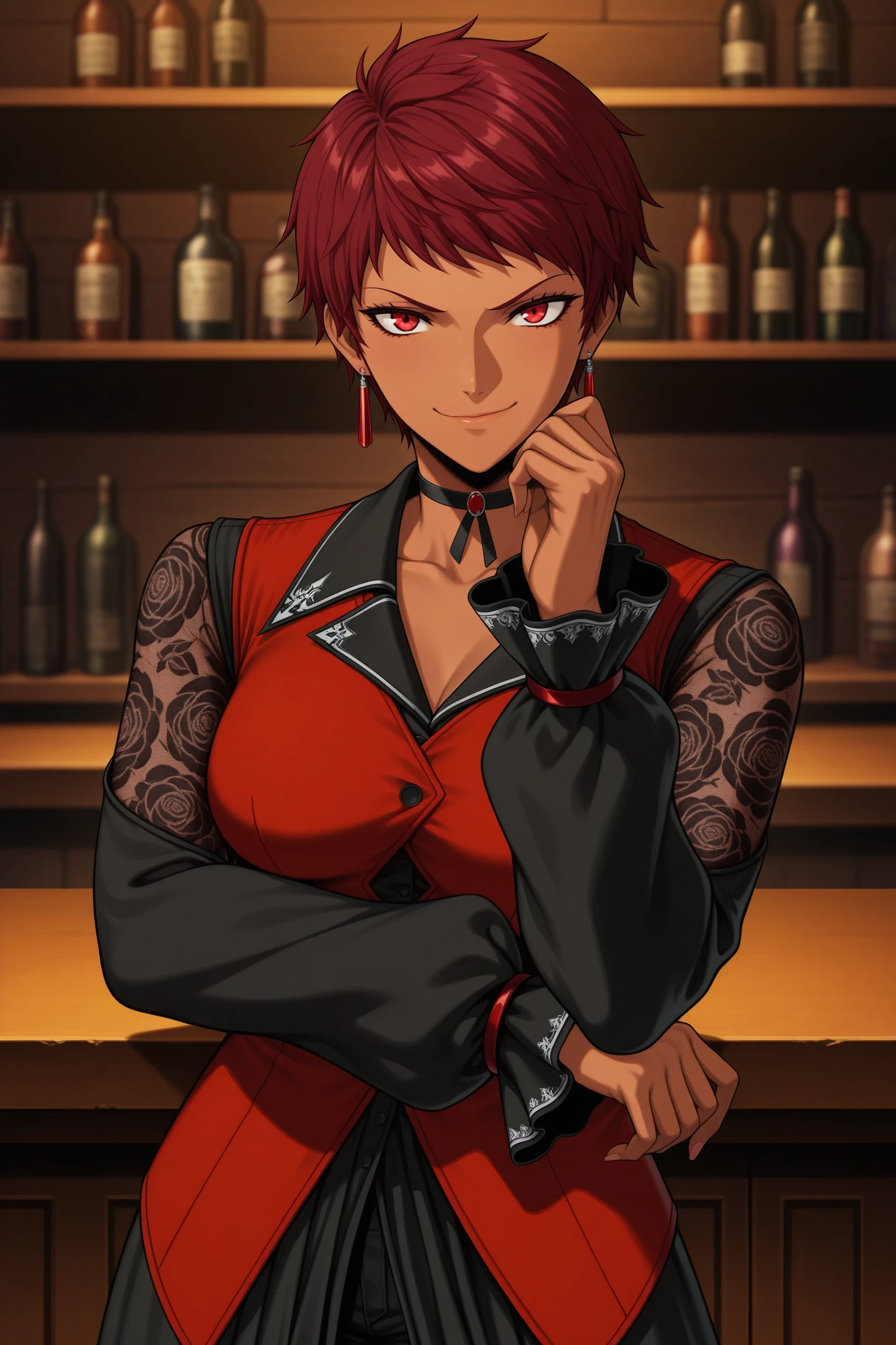 masterpiece, best quality, amazing quality, highres, absurdres, very aesthetic, high resolution, ultra detailed, perfect details, 1girl, looking at viewer, indoors, bar_(place), medium breasts, vice (kof), red hair, short hair, red eyes, dark-skinned female , red earrings, black dress, long dress, long sleeves, choker, red vest, clothing cutout, fishnet sleeves, frilled sleeves, front slit, black pantyhose, pantyhose under shorts, black shorts, short shorts, black footwear, high heel boots, <lora:Vice_KOF_XV_ILXL:0.8>, (aged up:1.5), (upper body:1.5), anime coloring, anime screencap, (pose:1.3), smirk