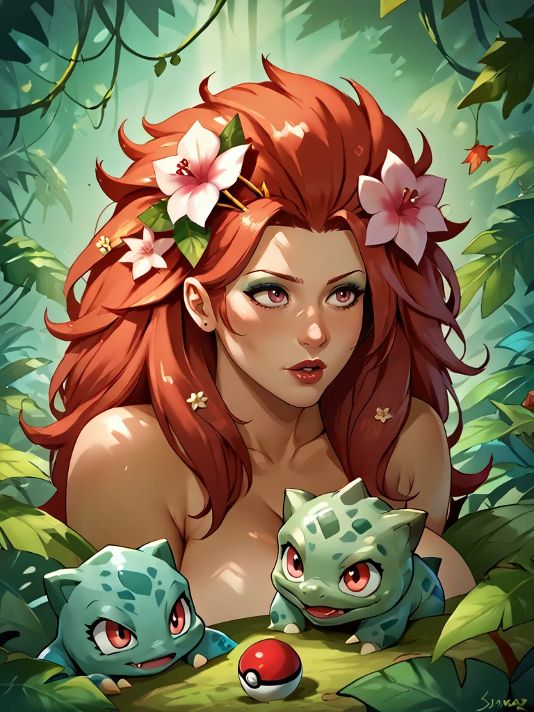 score_9, score_8_up, score_7_up, source_anime, mature female, milf, 1girl, 1creature, ((bulbasaur, ivysaur, pokeballs)), 1creature(1pokemon \(creature\), ivysaur), poison ivy, red hair, trees, jungle, makeup, vines, leaves in hair, messy hair, long hair, <lora:Zankuro_Style_Pony:0.6>