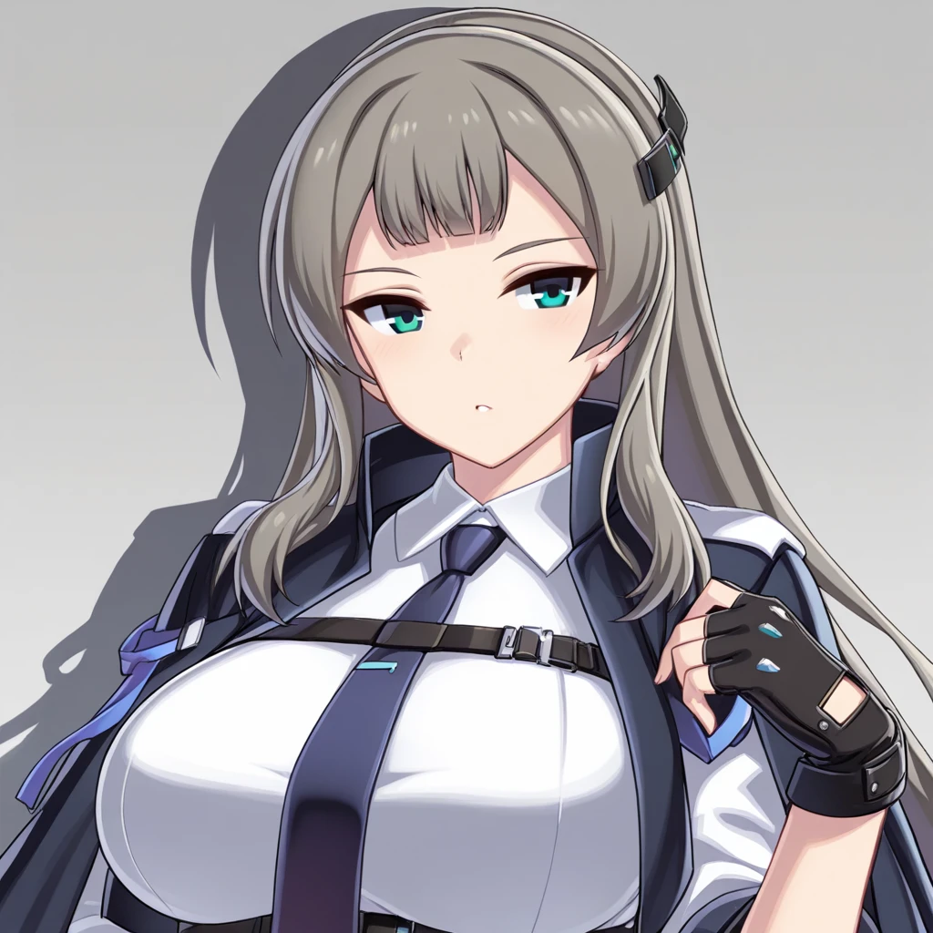 jaina_kropel, 1girl, necktie, breasts, solo, shirt, gloves, white shirt, long hair, large breasts, black gloves, blue necktie, collared shirt, white background, bangs, fingerless gloves, looking at viewer, normaluniform, upper body, dark alleyway background, <lora:JainaKropelIllustXL:1>, (masterpiece),(best quality),(ultra-detailed),(best illustration),(best shadow),(absurdres),(detailed background),(very aesthetic),