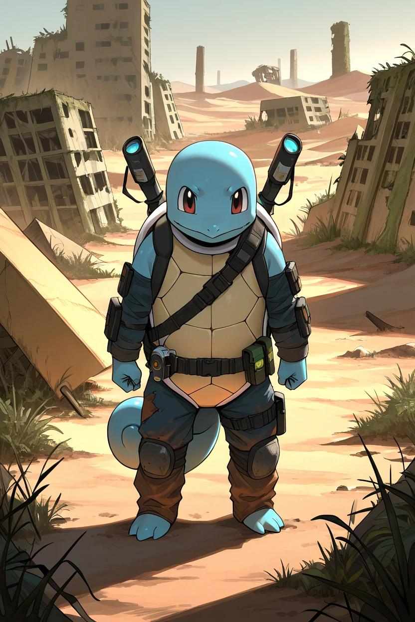 masterpiece, best quality,   <lora:SquirtlePokedexIXL:1.0>,   zzSquirtle,   Tattered clothing, survival gear, makeshift weapons, desert wasteland, ruined buildings, overgrown nature, scavengers, dramatic skies