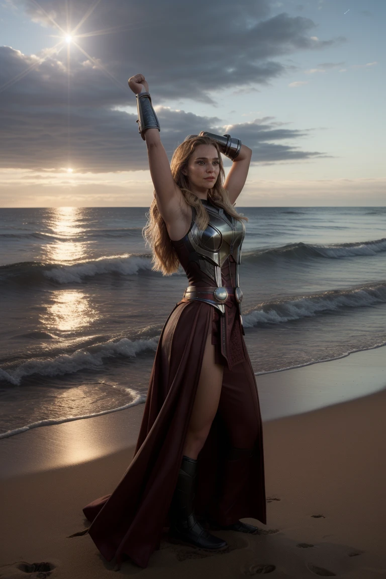 cinematic photo Dutch angle, intricate details,  (best quality), (masterpiece), (realistic), (intricate),   <lora:quiron_janeFosterThor_v050330_Lora:0.77>  janefosterthorquiron, realistic, long hair, 1girl, makeup, , Standing on a moonlit beach, she raises her arms, feeling the pull of the tides and the vastness of the ocean, . 35mm photograph, film, bokeh, professional, 4k, highly detailed