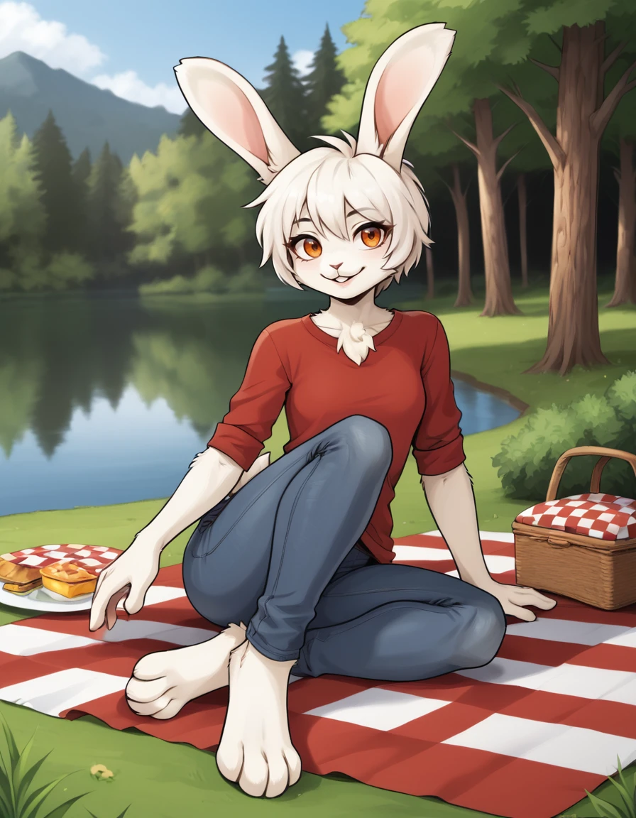 outdoors,forest, lake, picnic, 
full body,smile,long eyelashes,parted lips,
jeans, red shirt, 
<lora:Mimiga_v01_PDXL:1>,Mimiga,1girl,solo,furry female,rabbit girl,rabbit tail,rabbit ears,white fur,body fur,white hair,short hair,orange eyes,animal nose,