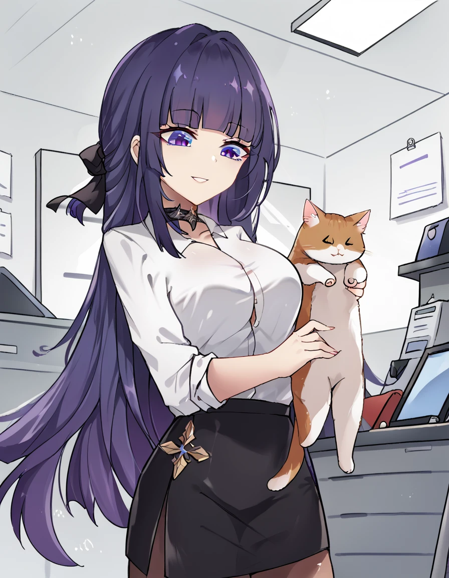 score_9, score_8_up, score_7_up, source_anime, <lora:raiden-mei-office-lady-ponyxl-lora-nochekaiser:1>, raiden mei, long hair, purple hair, bangs, purple eyes, blunt bangs, bangs, gradient hair, hair ribbon,, office lady, white shirt, shirt, pantyhose, skirt, black skirt, long sleeves, large breasts, choker, black choker, sleeves rolled up, workshop, tools, workbench, projects, machinery, smile, <lora:longcat-ponyxl-lora-nochekaiser:1> longcat, longcat (meme), armpit carry, meme, holding cat, holding animal, cat, animal, bed room, looking down,, cowboy shot,, looking at viewer, solo,, dutch angle, cowboy shot