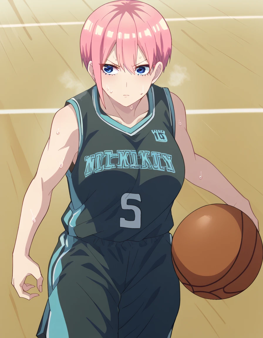 score_9, score_8_up, score_7_up, source_anime, <lora:ichika-nakano-s2-ponyxl-lora-nochekaiser:1>, ichika nakano, short hair, bangs, blue eyes, hair between eyes, pink hair, pixie cut, mature female, large breasts, <lora:basketball-dribbling-ponyxl-lora-nochekaiser:1> basketball dribbling, dribbling (basketball), basketball, basketball (object), basketball court, playing sports, ball, sweat, steam, running,, <lora:basketball-uniform-ponyxl-lora-nochekaiser:1> basketball uniform, basketball jersery, sportswear, jersey, shorts, sleeveless,, cowboy shot,