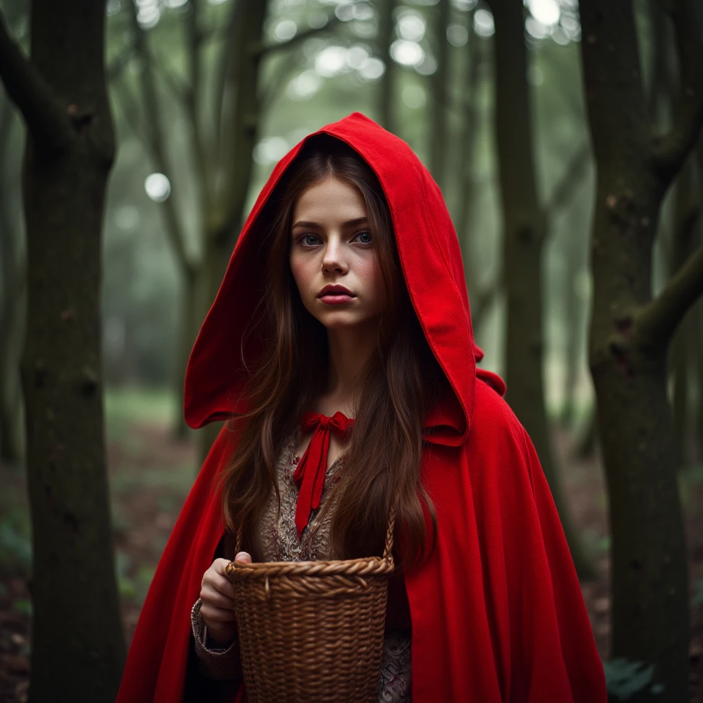 cinematic film still of  <lora:Little Red Riding Hood v1:0.9>
Little Red Riding Hood a little woman dressed in a red cloak and a basket, solo, long hair, looking at viewer, blue eyes, brown hair, outdoors, hood, blurry, tree, nature, cloak, forest, basket, little red riding hood (grimm), shallow depth of field, vignette, highly detailed, high budget, bokeh, cinemascope, moody, epic, gorgeous, film grain, grainy