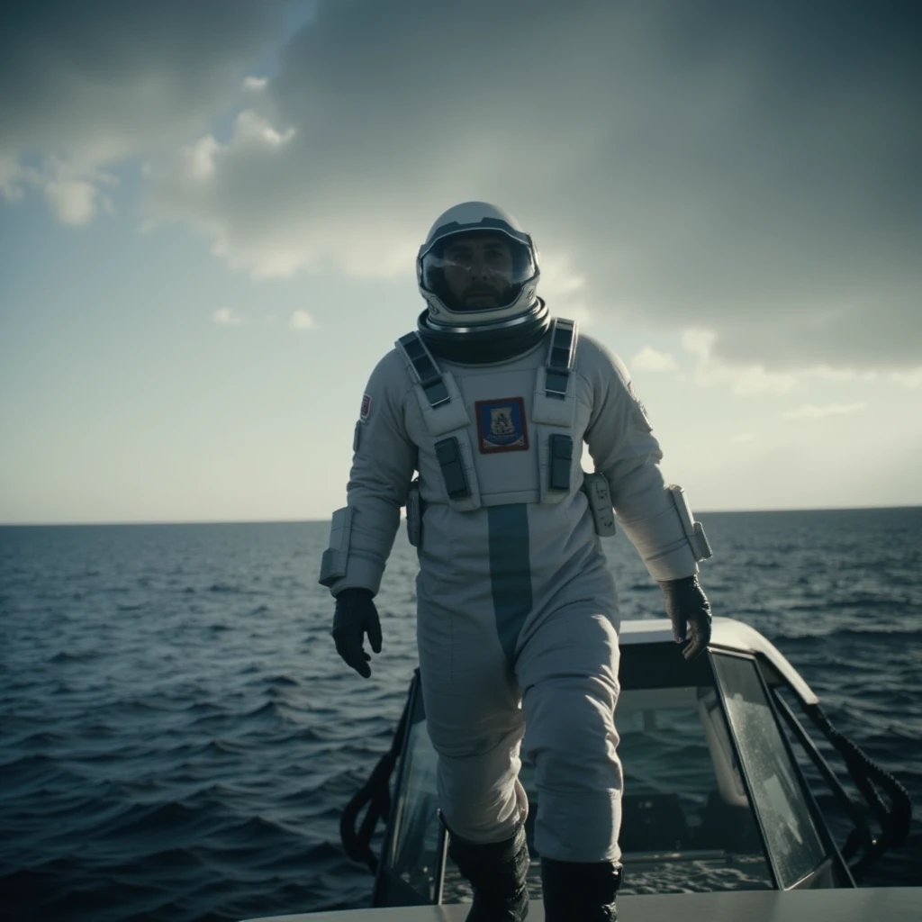 cinematic film still of  <lora:Interstellar style v1:0.7>
In 2067, dystopian science fiction world a man in a space suit standing on a boat, solo, gloves, 1boy, male focus, outdoors, sky, from behind, ocean, helmet, star (sky), 1other, walking, science fiction, ambiguous gender, spacesuit, astronaut, sci-fi, futuristic, movie themed, sharp, detailed, epic cinematic photography, artistic, dramatic light, cinematic color style, Kodak film style, Interstellar style, standing, weapon, holding weapon, gun
, shallow depth of field, vignette, highly detailed, high budget, bokeh, cinemascope, moody, epic, gorgeous, film grain, grainy