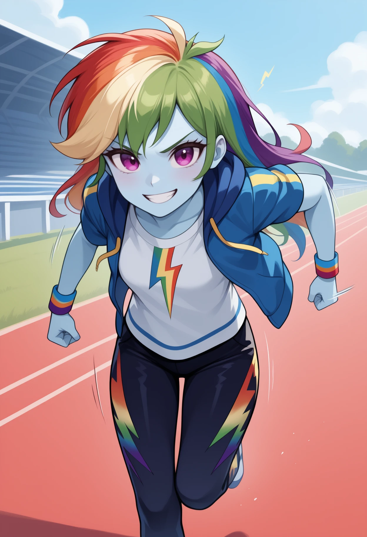 masterpiece, best quality, <break> solo, 1girl, rbwdsh, blue skin, grin, looking at viewer, running, long hair, rainbow hair, green hair, blonde hair, red hair, blue hair, purple eyes, v-shaped eyebrows, blue jacket, hooded jacket, hood down, open jacket, short sleeves, white shirt, print shirt, t-shirt, lightning bolt symbol, multicolored pants, black pants, wristband, outdoors, day, racetrack, motion lines
<segment:yolo-Anzhc Face seg 640 v2 y8n.pt,0.4,0.5//cid=1>