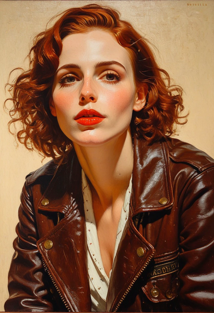 score_9, score_8_up, score_7_up,,oil painting  of painting of
25 year old woman, ((masculine features)), wide chin, brown eyes, long auburn bob, wide nose, pores, (skin moles),(leaning forward looking upwards), (strong eyebrows),  cleavage, open black leather jacket , (big cheekbones), cozy coffee, Christmas theme , (detailed eyes), open lips
 norman rockwell style