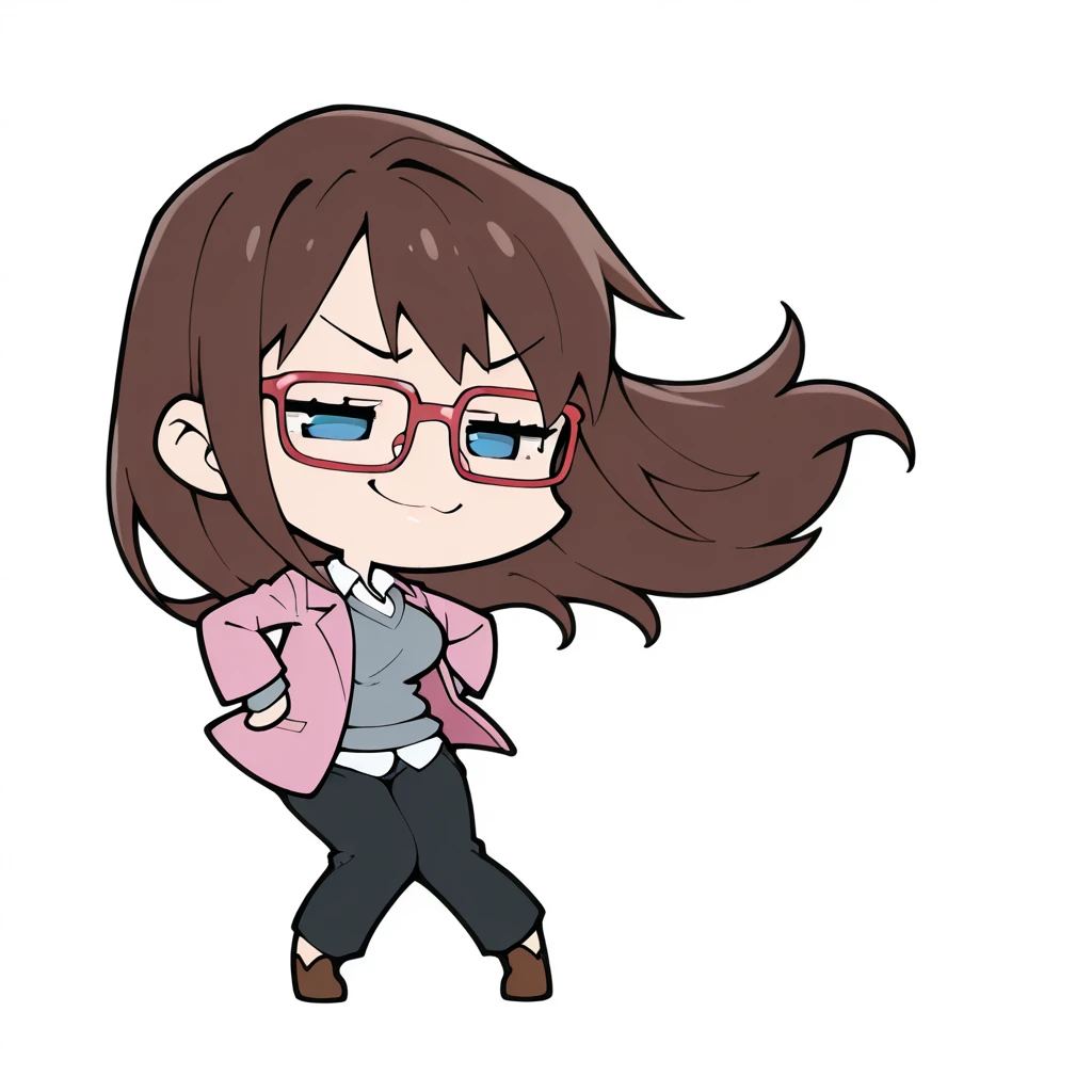 masterpiece, best quality, 2d, flat color, chibi, mari-end <lora:Degen_Mari_End_Illustrious_v1:.9> brown hair, glasses, smug, red-framed eyewear, pink jacket, grey sweater, breasts, collared shirt, untucked shirt, pants, gold jewelry, brown footwear, solo, knees together feet apart, white background, blue eyes,