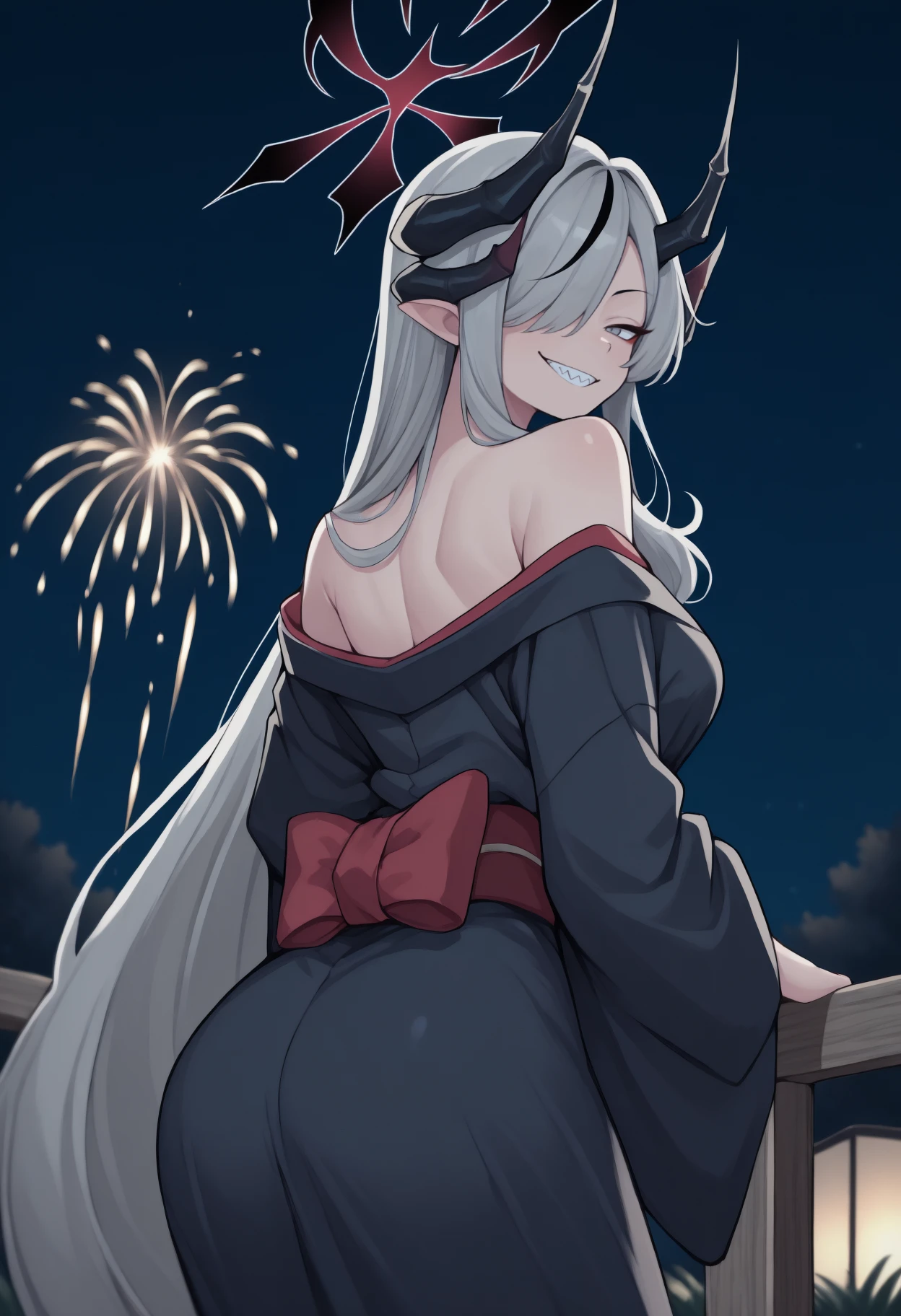 anime, masterpiece, best quality, <break> from behind, solo, 1girl, m4kotodef, sharp teeth, smile, looking back, long hair, grey hair, hair over one eye, multiple horns, black horns, demon horns, pointy ears, halo, grey eyes, japanese clothes, black kimono, off shoulder, red sash, bare shoulders, outdoors, night, fireworks
<segment:yolo-Anzhc Face seg 640 v2 y8n.pt,0.4,0.5//cid=1>