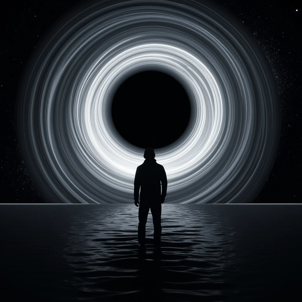 cinematic film still of  <lora:Interstellar style v1:0.7>
In 2067, dystopian science fiction world a man standing in front of a black hole, solo, standing, monochrome, male focus, water, from behind, star (sky), scenery, space, planet, earth (planet), sci-fi, futuristic, movie themed, sharp, detailed, epic cinematic photography, artistic, dramatic light, cinematic color style, Kodak film style, Interstellar style, shallow depth of field, vignette, highly detailed, high budget, bokeh, cinemascope, moody, epic, gorgeous, film grain, grainy