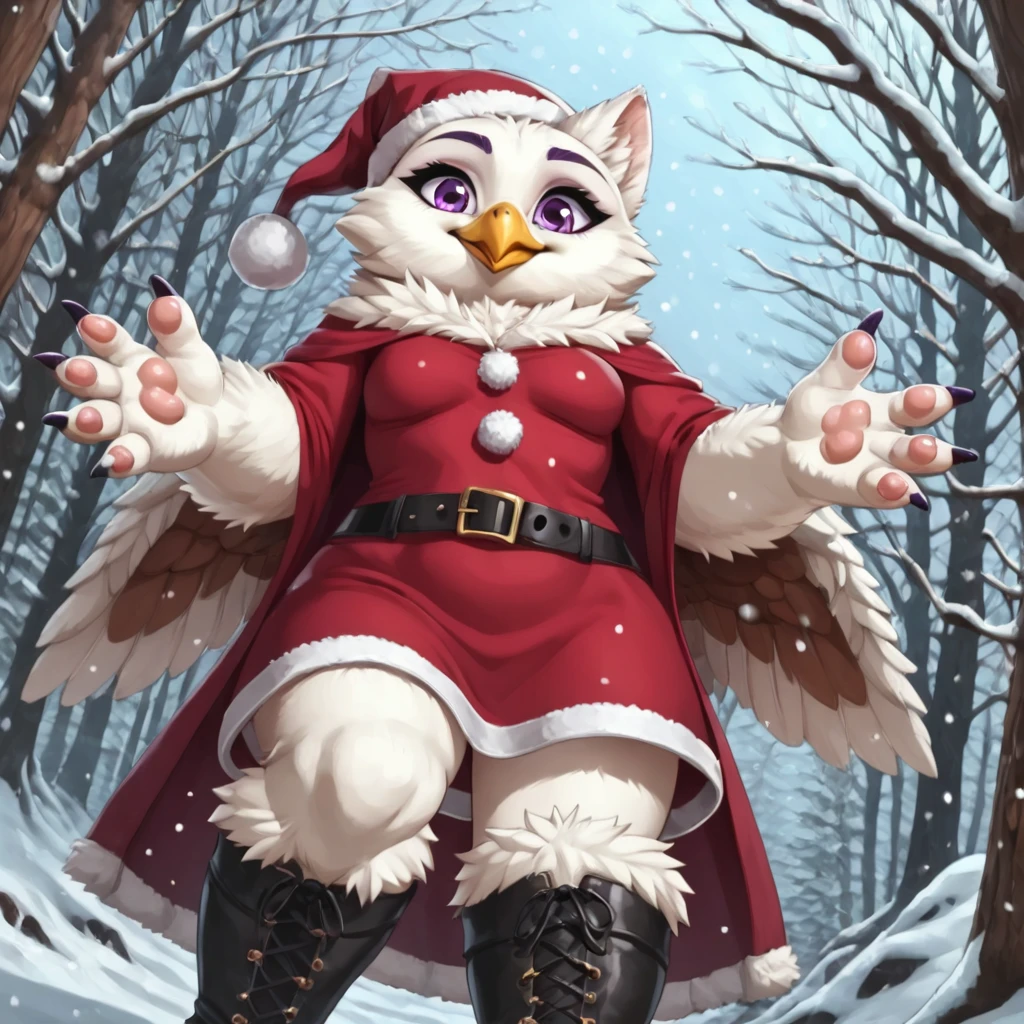 Ponyscores7, expressiveh, perfect face, perfect eyes, detailed face, detailed eyes, female owlbear, anthro owlbear, federpelz, yellow beak, (white fur:1.5), white backwings, claws, standing, looking down, from below, smile, closed mouth, small breasts, belly, santa hat, black boots, black belt, golden buckle, red coat, fur trim, santa outfit, reaching hand down, purple eyes, ArcaneEyesV1, snow, snowing, forest, day, big snowflakes, bend forward