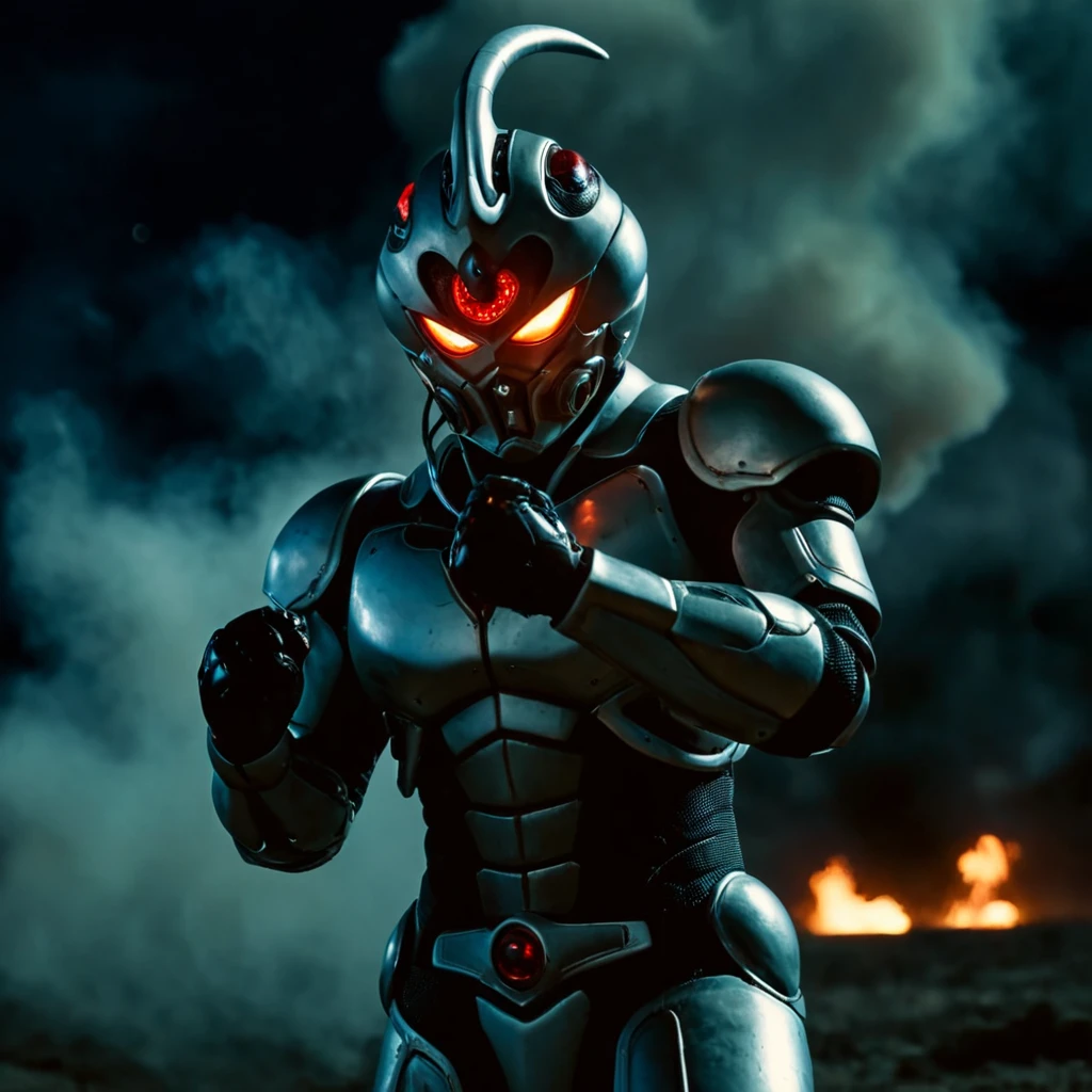 cinematic film still of  <lora:The Guyver xl v1:0.9>
The Guyver a man with a sharp armor in his hand making a fist while staring at camera at night with fire smoke in background, perfect image, perfect body, perfect anatomy, sharp image, detailed image, Kodak film style, high quality photography, The Guyver style, solo, looking at viewer, red eyes, no humans, robot, mecha, science fiction, super robot, tail, weapon, horns, armor, blood, helmet, fire, moon cloud above, knee shot, shallow depth of field, vignette, highly detailed, high budget, bokeh, cinemascope, moody, epic, gorgeous, film grain, grainy