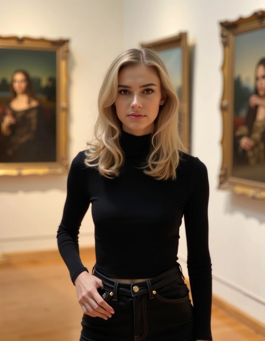 woman,clajame,blonde,Standing in a modern art museum wearing a black turtleneck, <lora:clajame-000008:1>