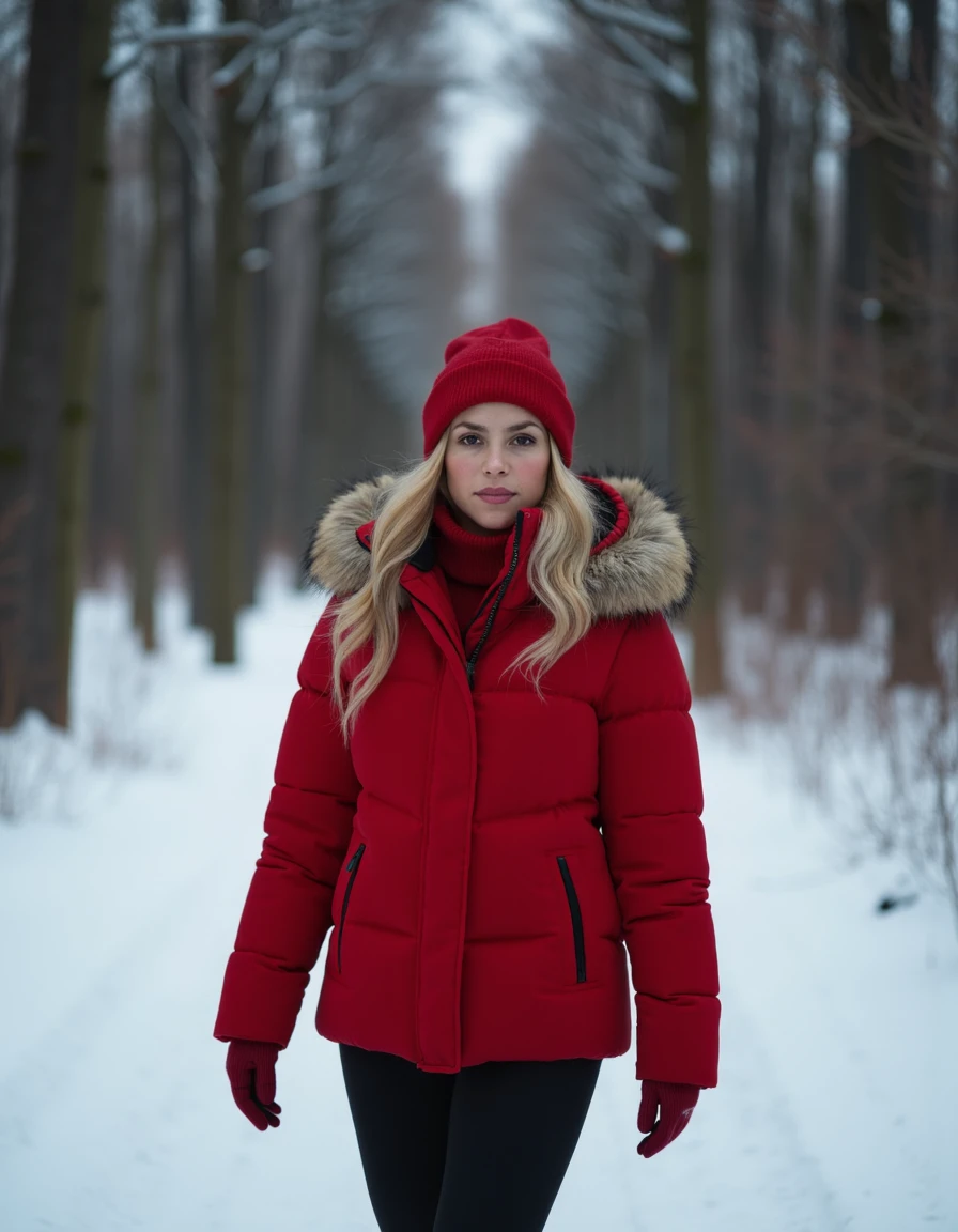 woman, shakira, Walking through a snow-covered forest wearing a red puffer jacket, <lora:shakira:1>