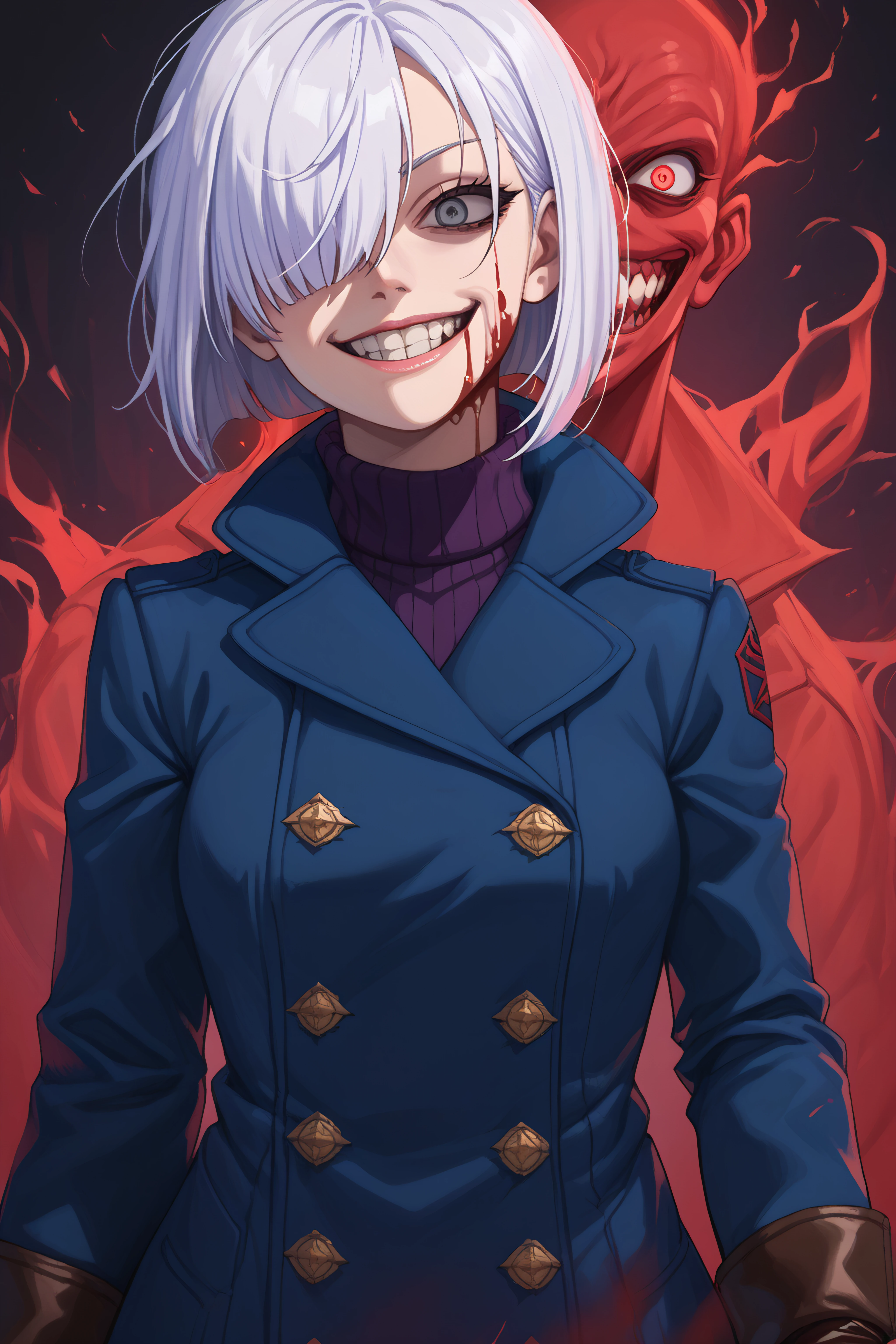 score_9, score_8_up, score_7_up, score_6_up, source_anime, BREAK, <lora:Fiona Frost-PonyXL-lora-Faxtron:0.8> fiona frost, grey eyes, white hair, short hair, hair over one eye, blue coat, turtleneck, black pants, brown gloves, <lora:evil-grin-ponyxl-lora-nochekaiser:1>, evil grin, evil smile, grin, evil eyes, crazy eyes, teeth, shaded face, blood, aura, blood on face,,