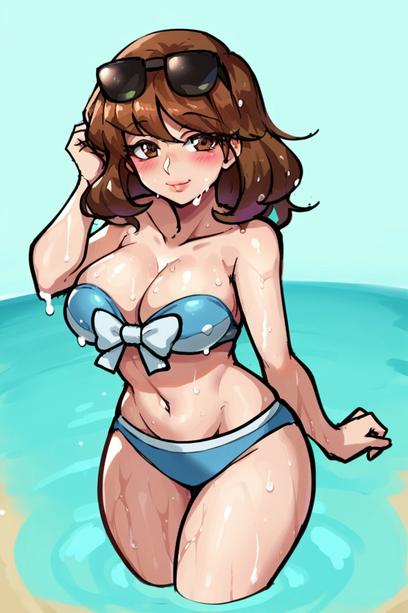 score_9, score_8_up,  <lora:Pokemon_Swimmer_ORAS:0.9>, orassw1mmer, sunglasses on head, brown hair, blue bikini, strapless, bow, standing in water, hand on bikini top, blush, looking at viewer, smile, lips, beach, wet skin,