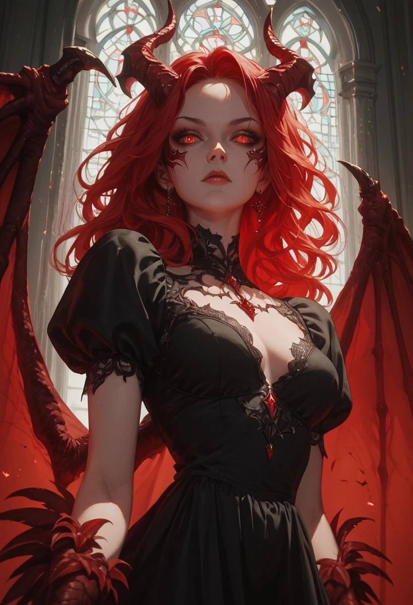 score_9, score_8_up, score_7_up, score_6_up, score_5_up, score_4_up, 1girl, girl demon, red hair, red eyes, wings, claws, black dress, beautiful_face